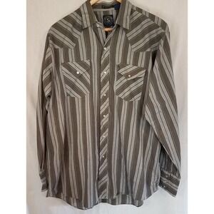 Running S Western Shirt Mens 16.5"‎ Green Stripe Long Sleeve Pearl Snap Vintage